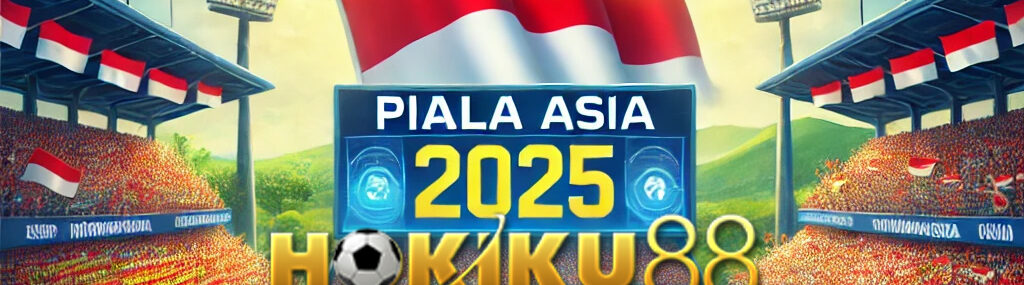 Stadion penuh dengan penggemar sepak bola Indonesia yang antusias, dihiasi bendera merah putih dan tulisan 'Jadwal Lengkap Timnas Indonesia di Piala Asia U-20 2025' dengan logo Hokiku88