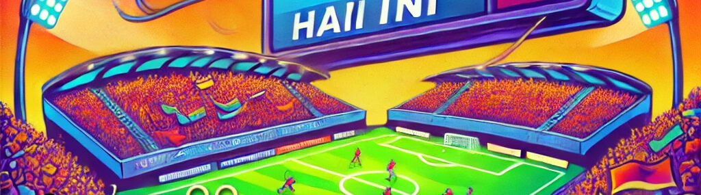 Ilustrasi jadwal siaran langsung sepakbola TV Indonesia dengan stadion penuh penonton, layar TV besar, dan suasana pertandingan yang meriah