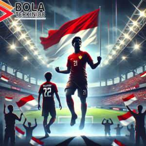 Ilustrasi Patrick Kluivert bersama pemain Timnas Indonesia di stadion besar, dikelilingi suporter yang mengibarkan bendera Merah Putih. Logo Bola Terkini88 terlihat di pojok gambar, menandakan berita sepak bola terbaru.