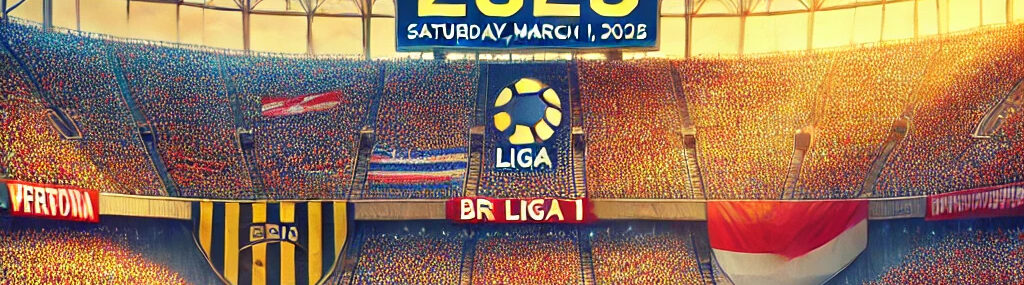 Ilustrasi pertandingan BRI Liga 1 pada Sabtu, 1 Maret 2025, di stadion penuh penonton dengan skor digital menampilkan tahun 2025. Suasana pertandingan yang intens dengan pemain aktif di lapangan, bendera Indonesia berkibar, serta logo Hokiku88 di bagian atas."