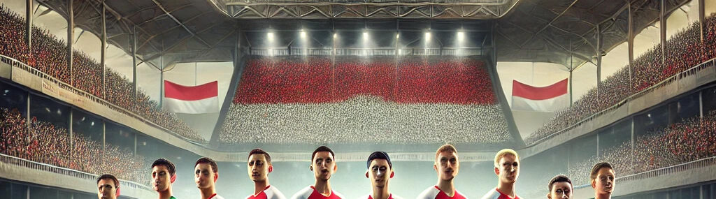 Timnas Indonesia U-17 berfoto resmi dengan jersey terbaru di stadion bersejarah, dikelilingi oleh ribuan suporter yang memenuhi tribun merah putih. Logo Hokiku88 terlihat di sudut atas sebagai bagian dari dukungan terhadap sepak bola nasional